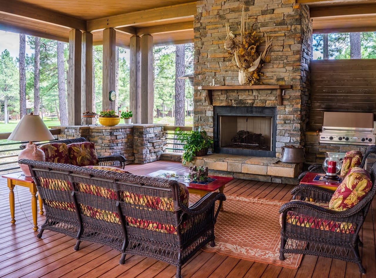 porch, fireplace, design
